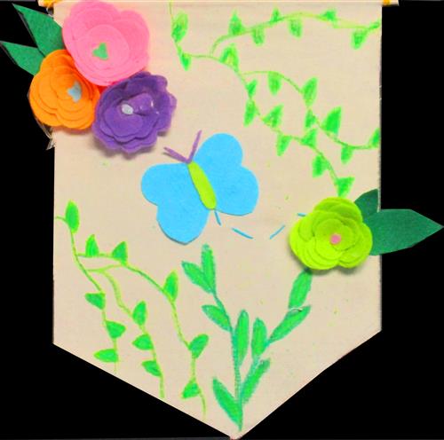 Felt flowers and butterfly on paper